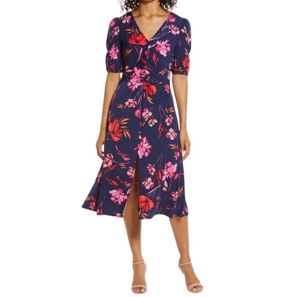 Vince Camuto Floral V-Neck‎ Midi Dress Size 4 Navy Pink Ruched Feminine Romantic - Picture 3 of 15